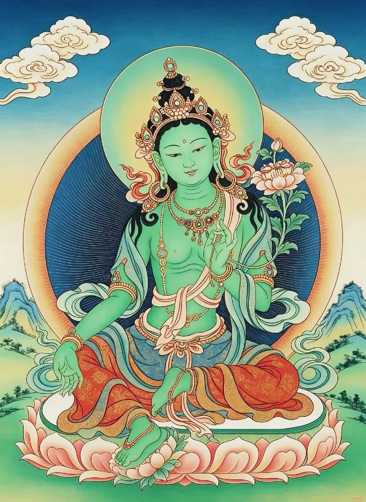 Thangka painting of Green Tara seated on a lotus throne before a blue aureole, her right leg extended, right hand open on her knee in the gesture of giving, left hand at her heart holding a lotus stem, with clouds and green hills behind